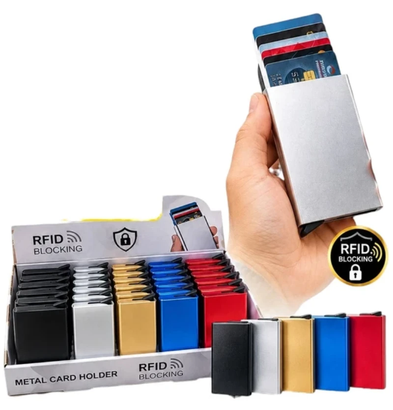 ארנק כרטיסים קפיץ מתכת חכם עם הגנת RFID נגד סריקות | 5 צבעים לבחירה