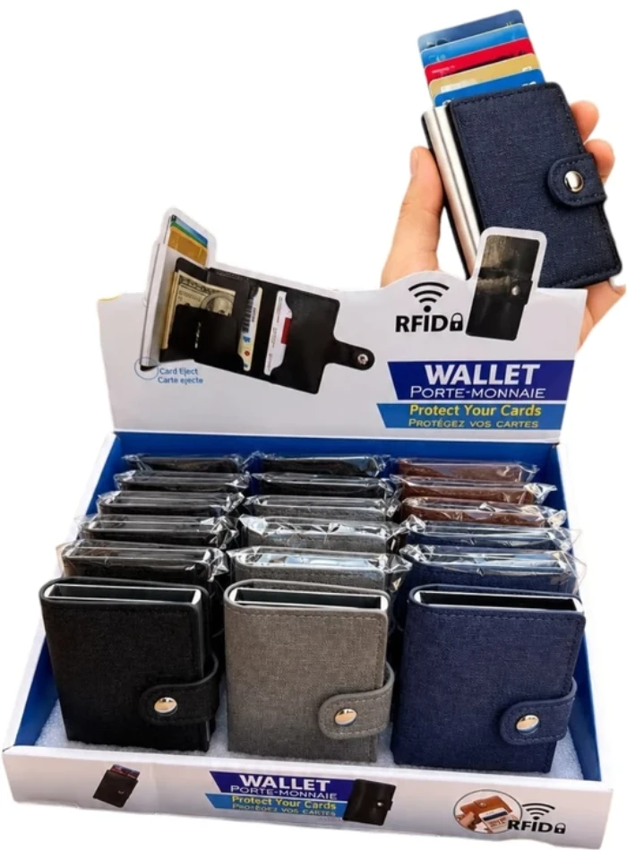 ארנק כרטיסים קפיץ מתכת בשילוב בד ג'ינס | הגנת RFID נגד סריקות