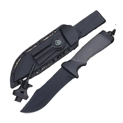 סכין קומנדו/שטח מקצועית עם נרתיק קשיח מצפן מובנה, מנפץ שמשות ואבן אש