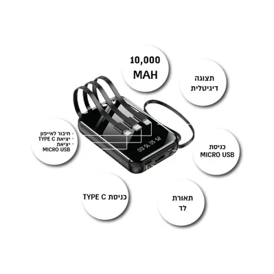סוללת גיבוי מטען נייד 12,000mAh – בנק עוצמתי עם כבלים מובנים