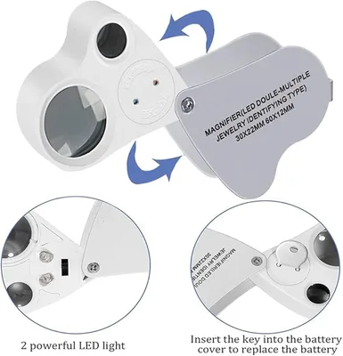 לופה מקצועית לתכשיטים עדשה כפולה 30X22 ו 60X12 עם תאורת LED
