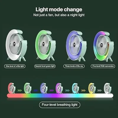 מאוורר שולחני נייד ונטען עם תאורת לילה RGB מחליפת צבעים