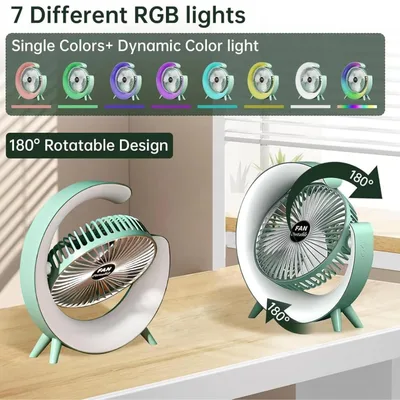 מאוורר שולחני נייד ונטען עם תאורת לילה RGB מחליפת צבעים
