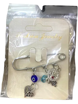 סיכת ביטחון תכשיט לעגלת תינוק נגד עין הרע | לב + חמסה + עין כחולה