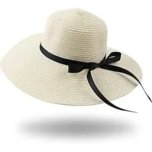 כובע קש רחב שוליים יוקרתי לנשים – כובע שמש מעוצב עם סרט שחור ופפיון אלגנטי